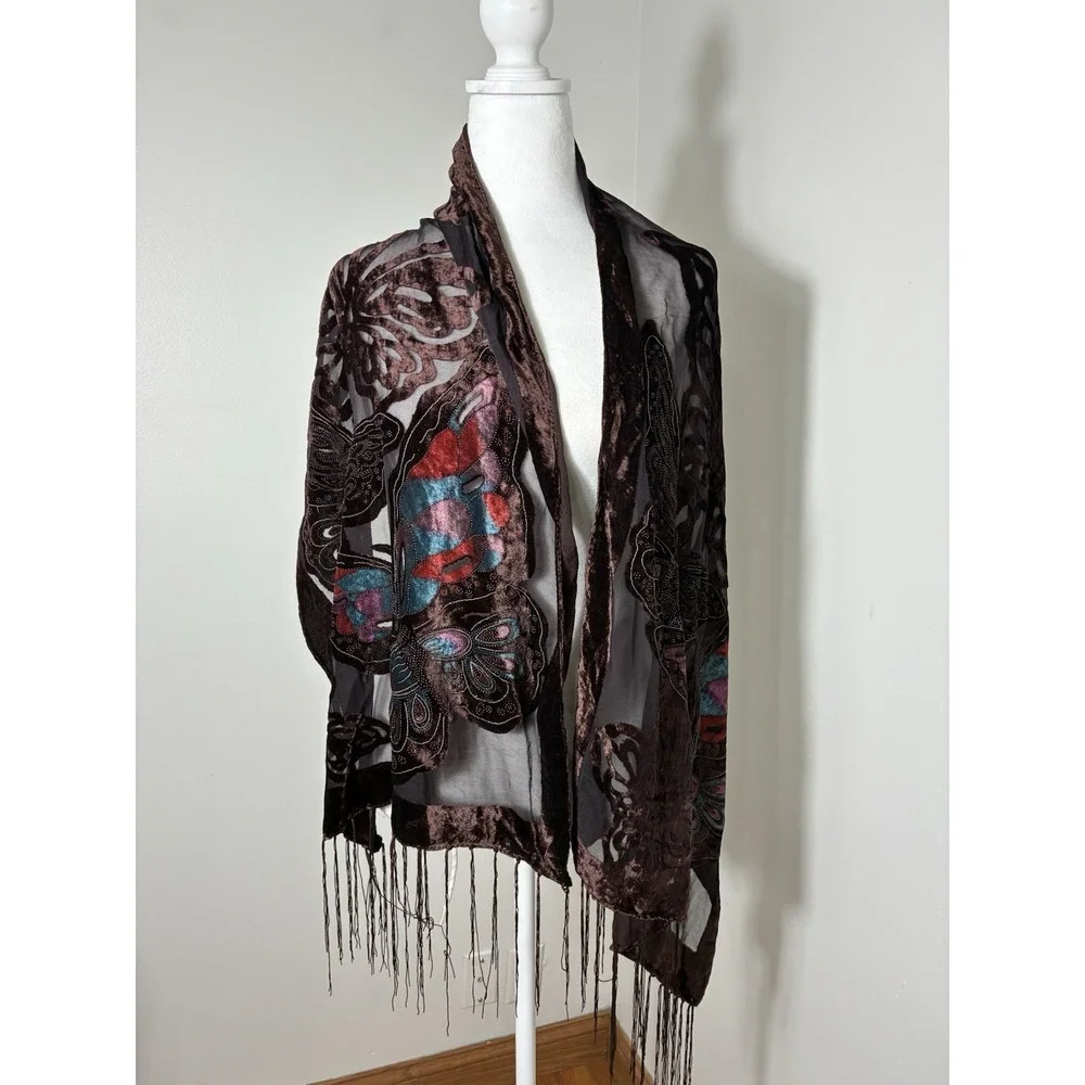 Butterfly Burnout Velvet Rectangular Scarf Brown Preppy Fairy Grunge